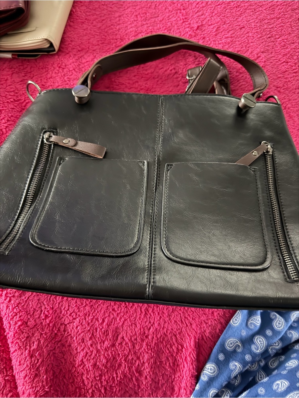 Black Women’s Leather-Style Tote Bag with Front Pockets